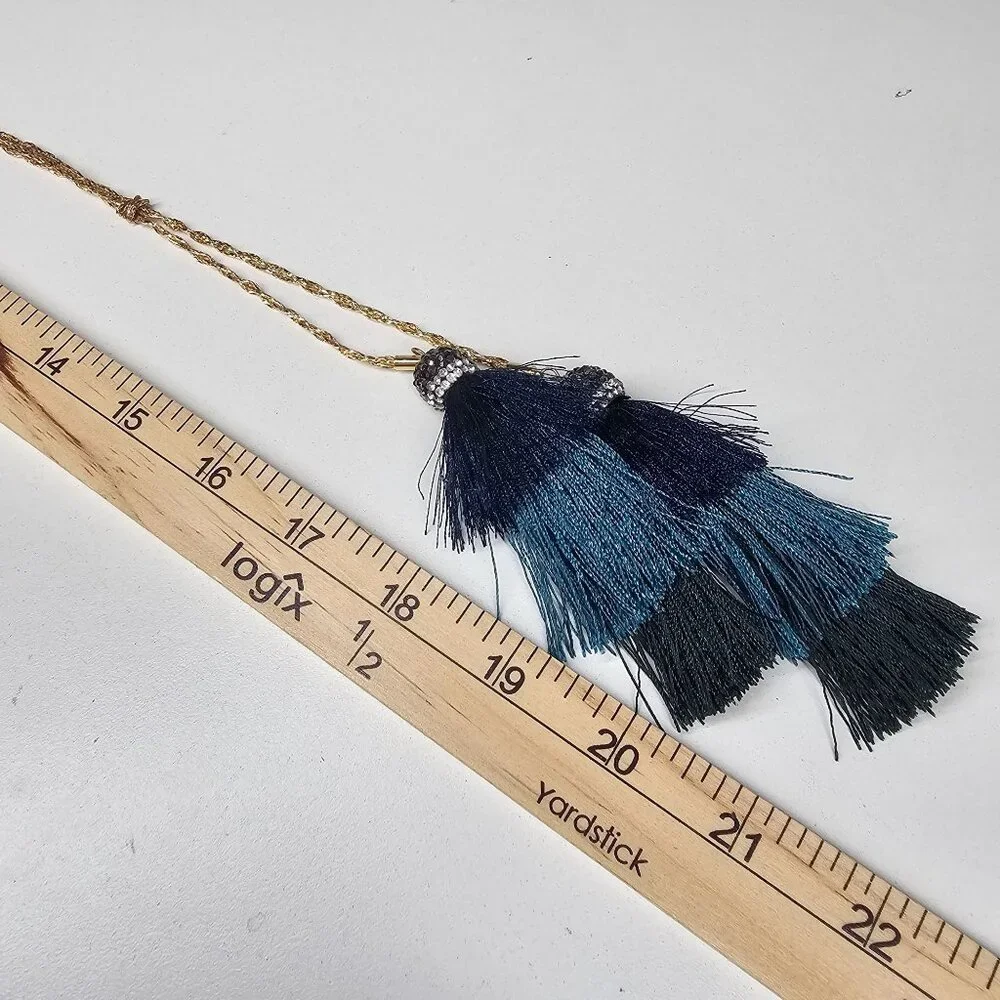 Neiman Marcus Gold-Tone‎ Rope Chain Necklace W/ Blue & Black Tassels 19